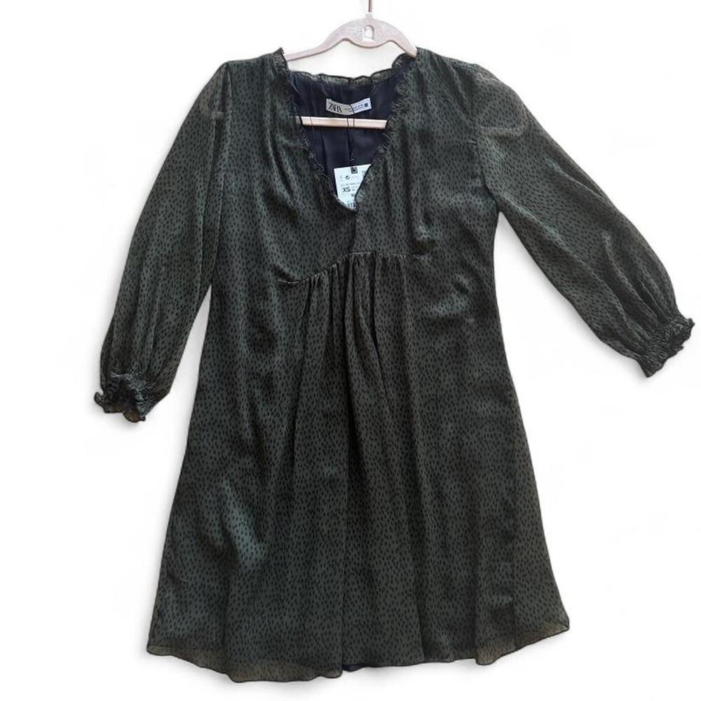 Zara Olive Green Babydoll Mini Dress XS NWT Sheer Long Sleeves